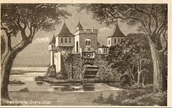 Postkort fra begyndelsen af 1900-tallet. Rekonstruktionen af slottet er den samme som blev brugt som kulisse i et dukketeater og som fandtes på forskellige historiske spillekort