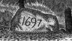 Tegning af Rostgaard-stenen i Tibberup, som kun bærer årstallet 1697, men som ikke desto mindre også må tilskrives Jens Rostgaard på Krogerup.