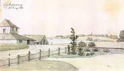 J. W. Rawert udførte i 1849 dette billede, der viser det ældste teglværks bygninger. Rawert har stået med ryggen til hovedhuset - det nuværende Øresundslyst. Bag det lave hegn løber Strandvejen og i det fjerne skimtes Tibberup Mølle.