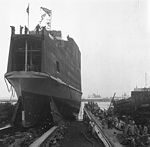 Stabelafløbning januar 1962 - dobbeltdækkeren Sprogø. Foto: Jørgen Rubæk Hansen