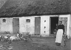 Grøngaard omkring 1914. På gårdspladsen ses Marie Børgesen sammen med sønnesønnen Edvard Børgesen