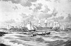 Carl Baagøes illustration fra Illustreret Tidende fra 1882 viser en situation, hvor kadrejerne med rebet sejlføring er på vej ud til skibene på rheden