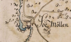 Kongevejskortet fra 1779 viser endnu Søbæk Mølle (Somøllen) samt udstrækningen af den tilhørende mølledam