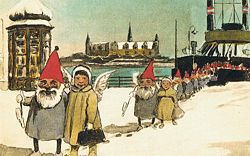 Nisser går i land i Helsingør. Tegnet af Alexander Svedstrup. Reproduktion af postkort fra ca. 1908