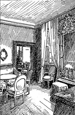 Dagligstuen på Hellebækgaard. Tegning i Illustreret Tidende 1923