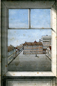 Tegning af August Schwartz ca. 1860 af ejendommen Torvegade 1 inden branden i 1903