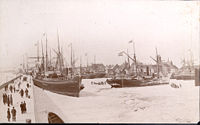 Skibe som ligger i vinterhi i havnen 1888