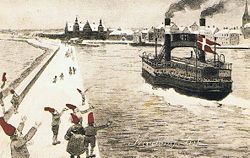 Nisser på søndre mole i byder nisser på færgen velkommen. Reproduktion af postkort fra ca. 1910