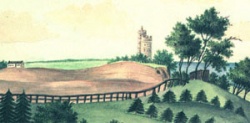 Kroghs Have med hus ses til venstre på denne akvarel af Jonquieres fra ca. 1800. Til højre det romantiske, gotiske tårn ud mod kystskrænten