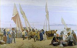 Den stolte herre med vest og hvid frakke i samtale med to fiskerkoner er Henrik Karl Poulsen. P.S Krøyers billede Morgen i Hornbæk, 1875
