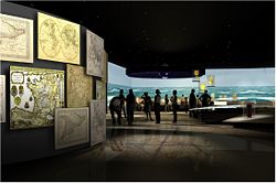 Skitse af en del af temaudstillingen med arbejdstitlen "Navigation og Verdensbilleder" i det nye søfartsmuseum. Foto: Kossmann.dejong